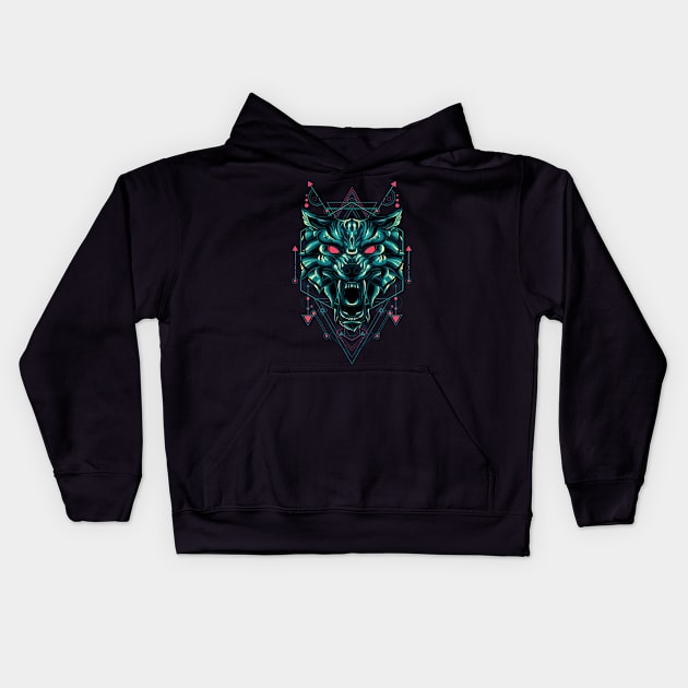 The Green Wolf sacred geometry Kids Hoodie by secondsyndicate